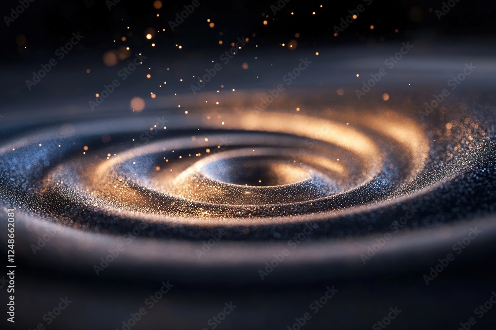 Poster Tiny metallic dust-like particles gently float in an endless black void, glowing softly while subtly shifting as if suspended in a weightless environment, creating an ethereal visual effect