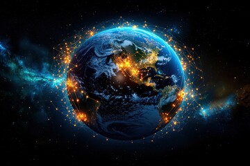 A vibrant depiction of Earth surrounded by glowing connections, showcasing the digital network linking global locations