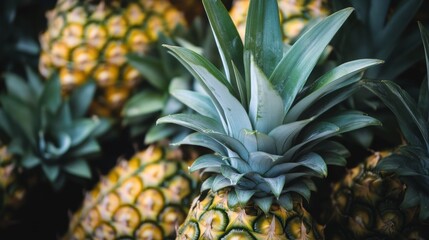 Fototapeta premium Close-up of fresh pineapples with vibrant green leaves