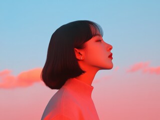 profile of a woman with short hair in sunset lighting