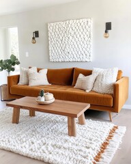 Cozy living room with a caramel velvet sofa, chunky knit throw, abstract textured accent wall, and a wooden coffee table