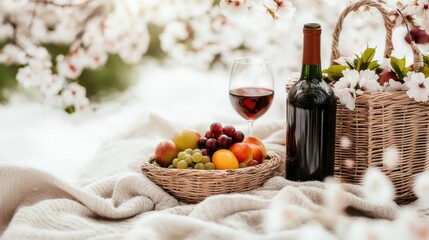 A luxurious spring picnic setup with a bottle of wine, a glass, fresh fruits, and a wicker basket, surrounded by blooming cherry blossoms and soft sunlight