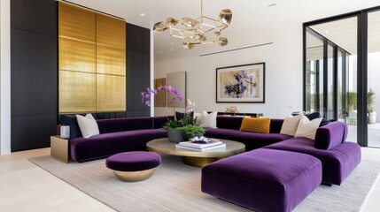 Dramatic contemporary living room with a deep plum velvet sectional, oversized chunky knit throw, sculptural gold and black feature wall, reflective glass