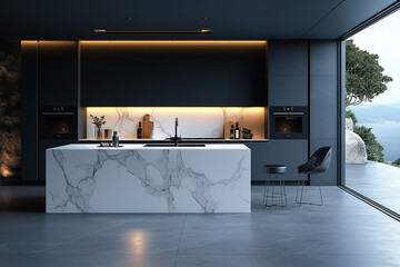 Photographie immobilière d'une cuisine moderne élégante avec marbre blanc et armoires noires, HDR, 3D, design, tendance, architecte