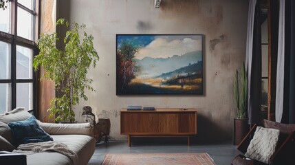 Living room with large window and nature view