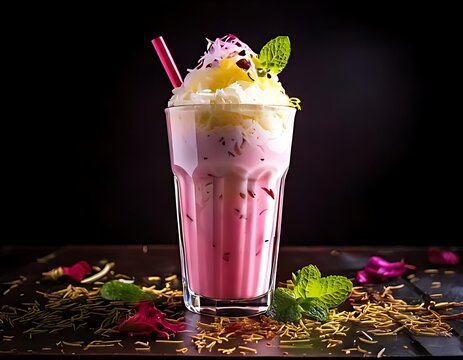 Falooda, a cold Indian beverage with rose syrup, vermicelli, basil seeds, milk, ice cream.