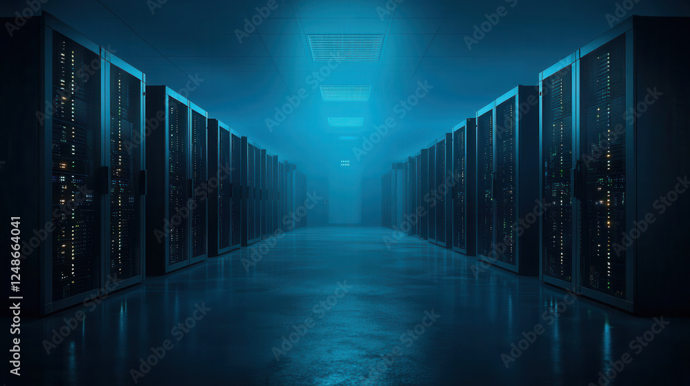 Poster futuristic data center with glowing server racks and misty atmosphere creates sense of advanced tech