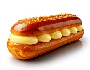 French &Eacute;clair, cream-filled delight, gleams smooth and sweet on pure white.