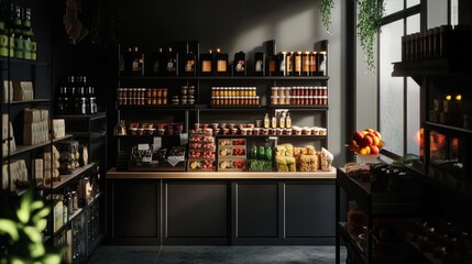 Fototapeta premium Cozy grocery store with rustic wooden shelves