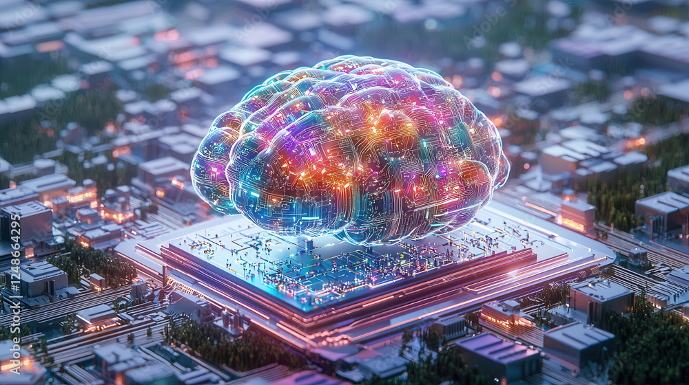 Poster vibrant, futuristic representation of brain made of circuits, symbolizing advanced technology and ar