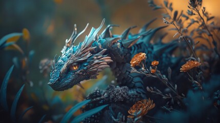 Fantasy dragon surrounded by glowing fireflies