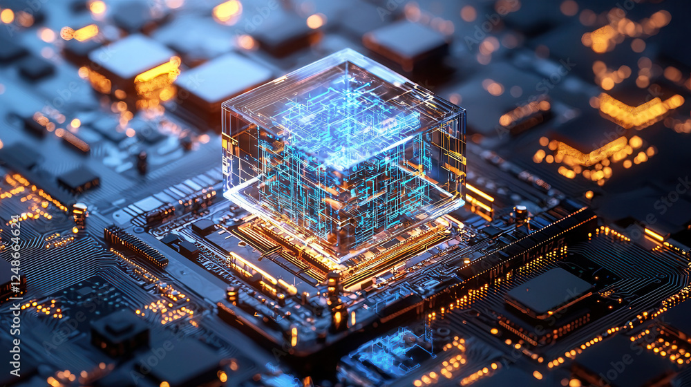 Poster futuristic computer chip with glowing circuits and data flow, showcasing advanced technology and inn