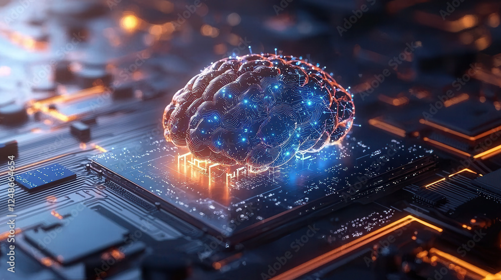 Poster artificial intelligence brain on circuit board, showcasing advanced technology and innovation in dig