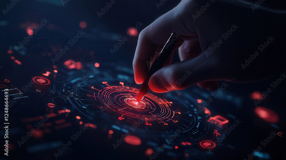 Poster hand using stylus on high tech digital interface with red accents, showcasing advanced technology an