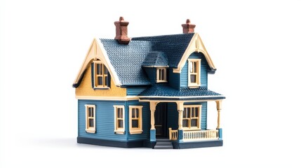 Charming miniature blue house, with decorative trim, evokes homeownership dreams and stability. Ideal for real estate and family themes.
