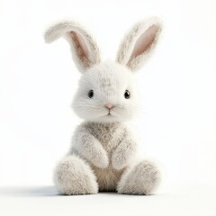 Obraz premium Fluffy white bunny sits sweetly on a white background, symbolizing spring and new beginnings. Ideal for holiday, children's content, and seasonal marketing campaigns.