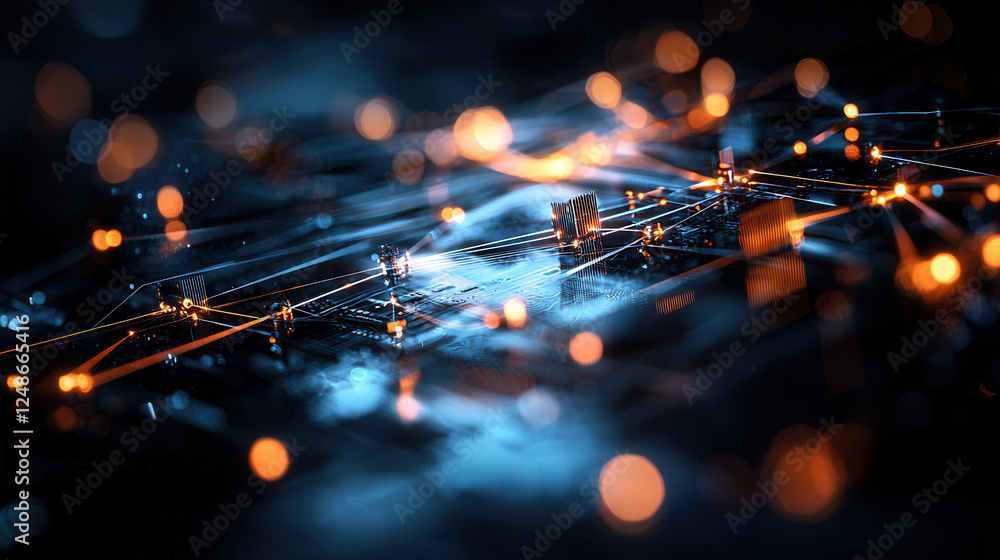Aufkleber close up view of digital circuit board with glowing connections and nodes, showcasing advanced techn