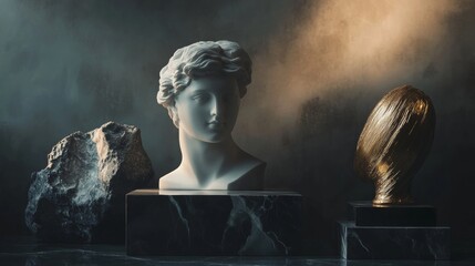 Classical busts displayed in a dramatic setting