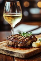 Steak with rosemary on a plate with wine, Generative AI,