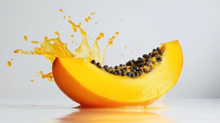 Naklejka na ściany i meble Papaya slice with juice splash on white background. Possible use Food photography for website or recipe