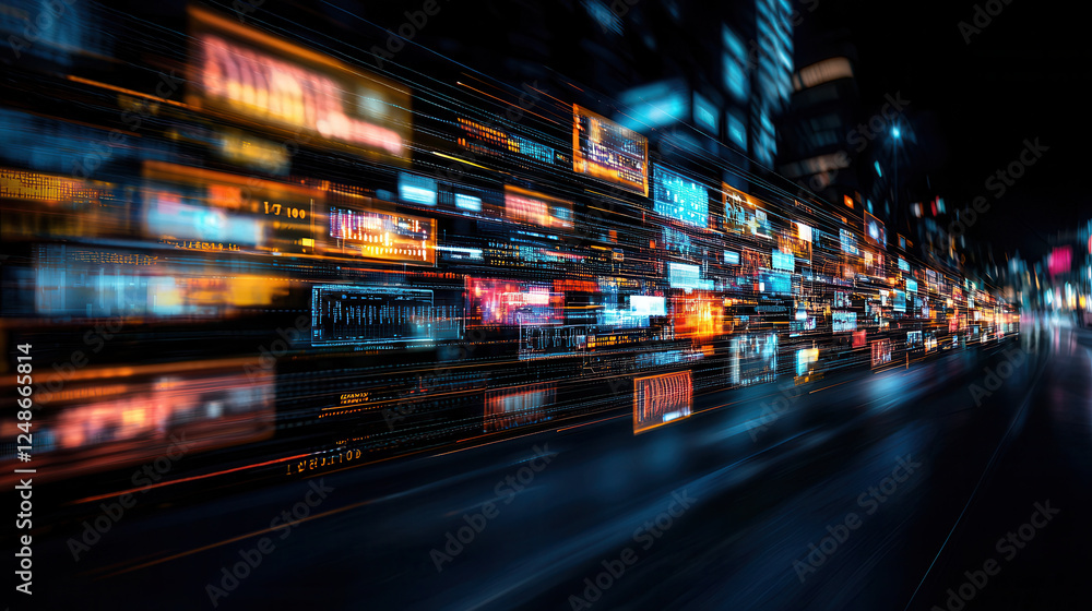 Poster futuristic data transfer concept with high speed digital information flow, showcasing vibrant colors