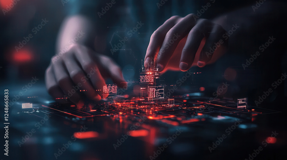 Poster futuristic hands interacting with glowing digital interface, showcasing advanced technology and ai c