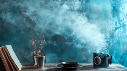 Vintage camera and dried flowers on a wooden table
