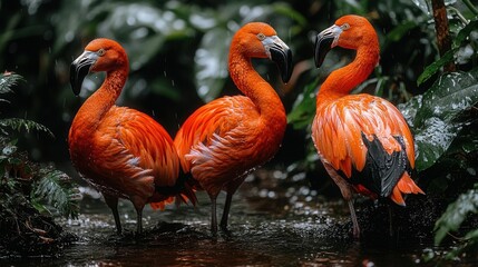 Fototapeta premium A vibrant scene featuring three striking flamingos standing gracefully in lush greenery, showcasing their brilliant orange feathers and elegant poses. Copy space for text