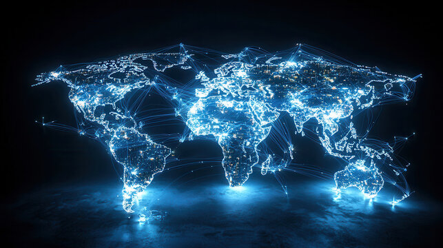 Global internet traffic network with illuminated fiber optic cables connecting continents, showcasing digital connectivity and technology