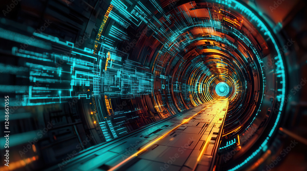 Poster futuristic tunnel with glowing data streams and vibrant colors, representing advanced technology and