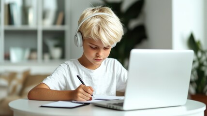 A young boy with blonde hair wears headphones while studying at a laptop, focused on his work in a bright, modern environment.