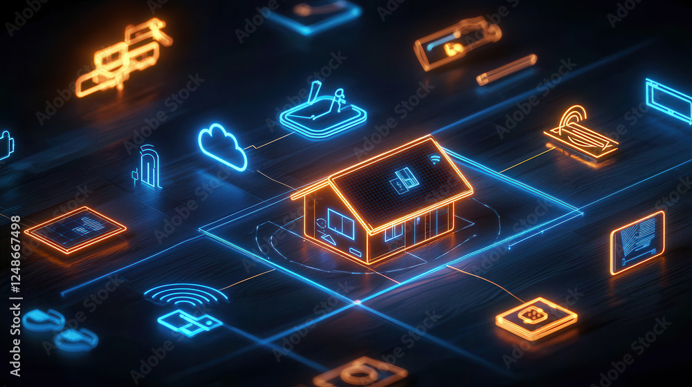 Poster smart home technology with interconnected devices and network infrastructure