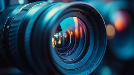 Macro shot of a camera lens with reflections