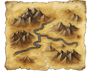fantasy map featuring hand drawn mountains and rivers, showcasing rugged landscape with winding river and marked locations. This artistic representation evokes sense of adventure and exploration