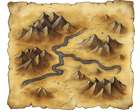 fantasy map featuring hand drawn mountains and rivers, showcasing rugged landscape with winding river and marked locations. This artistic representation evokes sense of adventure and exploration