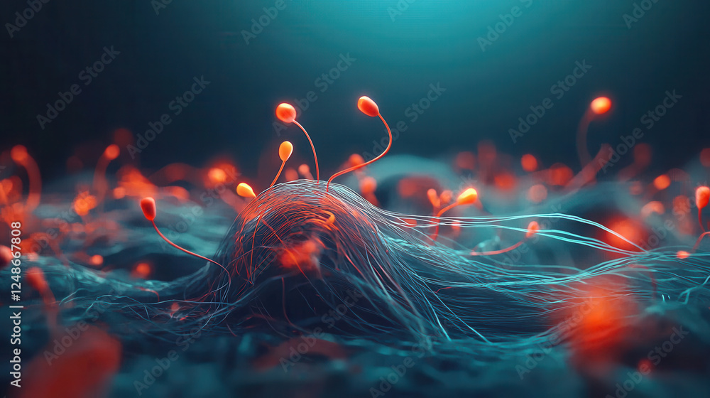Poster futuristic microscopic view of glowing cells with filamentous structures