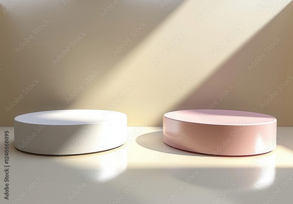 Poster minimalist display of white and pink circular objects casting soft shadows, highlighting aesthetic s
