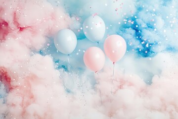 ethereal gender reveal backdrop, colliding pastel blue and pink smoke clouds, floating balloons, sparkling confetti, dreamy atmosphere