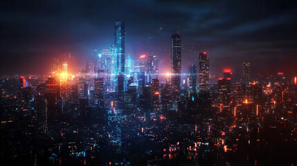 Obraz premium Futuristic city skyline at night with glowing lights and skyscrapers