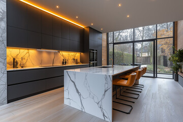 Photographie immobilière d'une cuisine moderne élégante avec marbre blanc et armoires noires, HDR, 3D, design, tendance, architecte