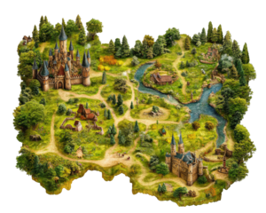 detailed map of fantasy kingdom featuring castles, forests, and river, evoking sense of adventure and exploration