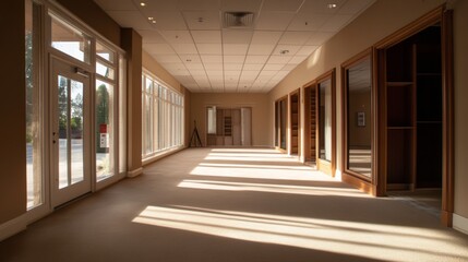 Sunny hallway with large windows and wooden flooring
