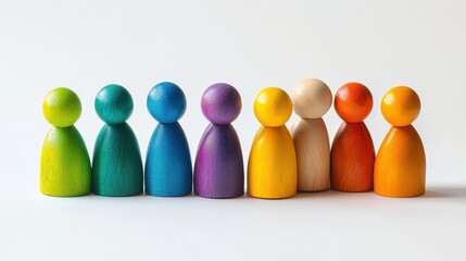 Rainbow wooden figures aligned on white, signifying diversity and inclusion. Great for educational, social, and team-building content illustrating unity.