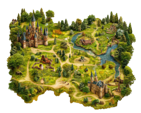 detailed map of fantasy kingdom featuring castles, forests, and river, evoking sense of adventure and exploration