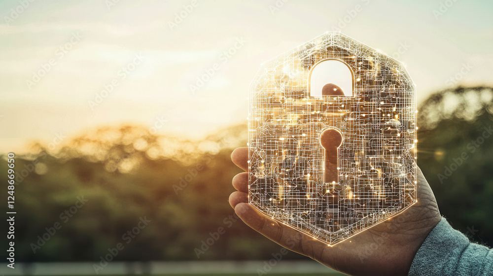 Poster digital lock symbol representing security and protection in networked world. image conveys sense of 