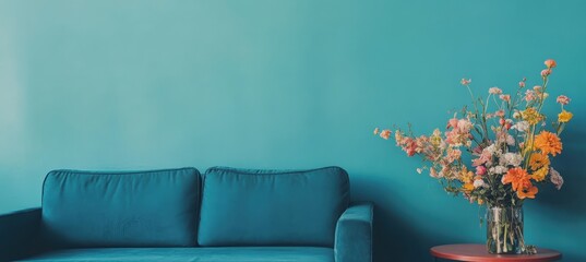 Living room with a blue couch, flower vases, and blue wall