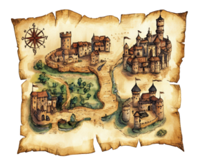 medieval style map featuring hand drawn elements, showcasing castles, villages, and compass rose. This nostalgic illustration evokes sense of adventure and exploration
