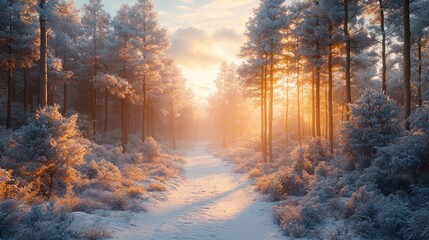 Fototapeta premium Snowy Winter Forest Trail Surrounded by Tall Pines and Frosted Trees