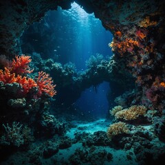 A deep, mysterious underwater cave illuminated by glowing coral.