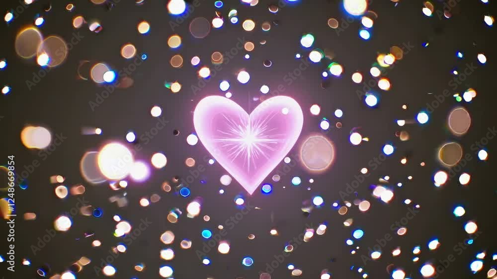 Poster aerial view of a glowing heart surrounded by colorful bokeh lights, creating a dreamy, romantic vide